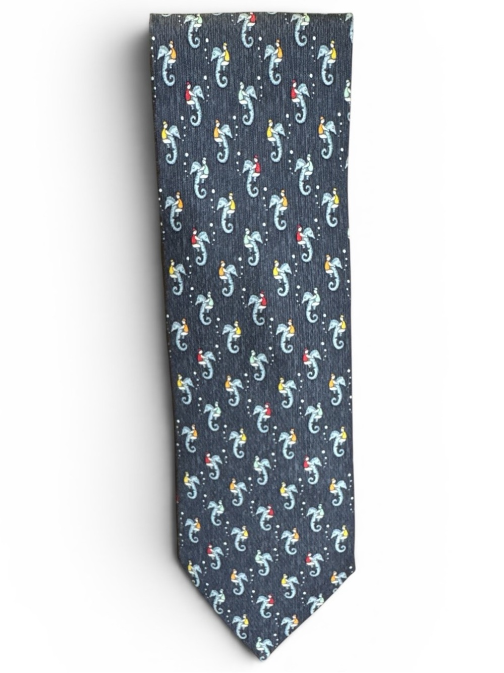 Hermes Gray Silk Tie with Multi-Colored Jockey Seahorse Motif #629